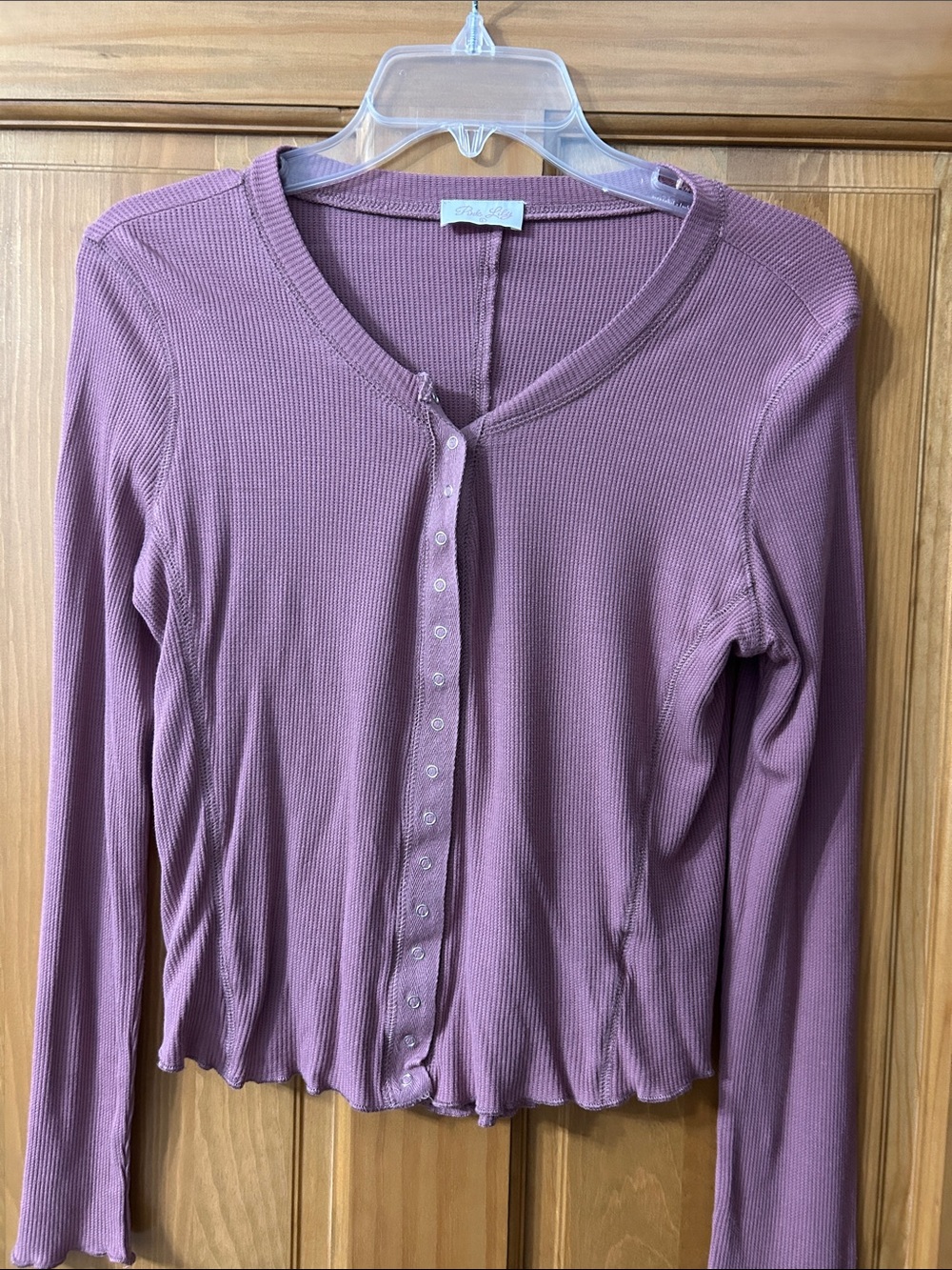 Pink Lily Mauve Ribbed Button-Front Long Sleeve Top